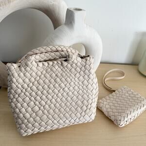 Remi/Reid Mini Tote Woven Everleigh Ivory Cream Vegan Leather Bag & Pouch Wallet
